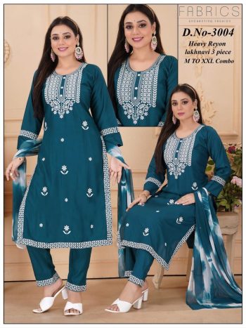 ATTRACTIVE RAYON EMBROIDERY WORK KURTI PANT WITH DUPATTA  RAMA