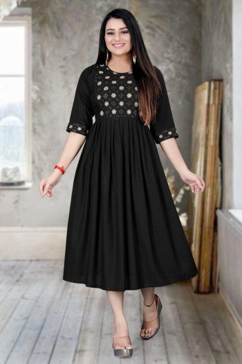 ATTRACTIVE RAYON EMBROIDERY WORK ONE PIECE  BLACK