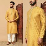 ATTRACTIVE SILK JACQUARD EMBROIDERY PATTI AND FANCY BUTTON WORK MENS KURTA PAJAMA FESTIVAL WEAR WHOLESALE PRICE ETHNIC GARMENT (2)