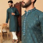 ATTRACTIVE SILK JACQUARD EMBROIDERY PATTI AND FANCY BUTTON WORK MENS KURTA PAJAMA FESTIVAL WEAR WHOLESALE PRICE ETHNIC GARMENT (3)