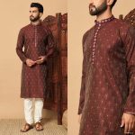 ATTRACTIVE SILK JACQUARD EMBROIDERY PATTI AND FANCY BUTTON WORK MENS KURTA PAJAMA FESTIVAL WEAR WHOLESALE PRICE ETHNIC GARMENT (4)