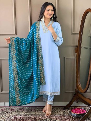 ATTRACTIVE VISCOSE SEQUENCE CODING EMBROIDERY WORK TOP BOTTOM WITH DUPATTA SKY