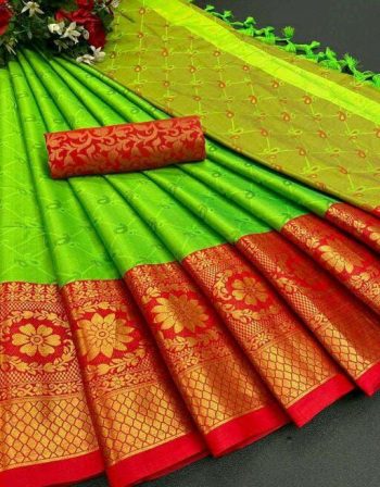 WEDDING PURPOSE PURE AURA COTTON SILK WITH BROAD CONTRAST JACQUARD BORDER WORK SAREE+UNSTITCHED BLOUSE  LIGHT GREEN