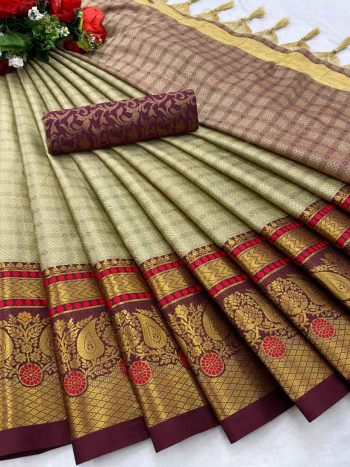 PURE AURA COTTON SILK WITH BROAD CONTRAST JACQUARD BORDER WORK SAREE+UNSTITCHED BLOUSE  CHICKOO