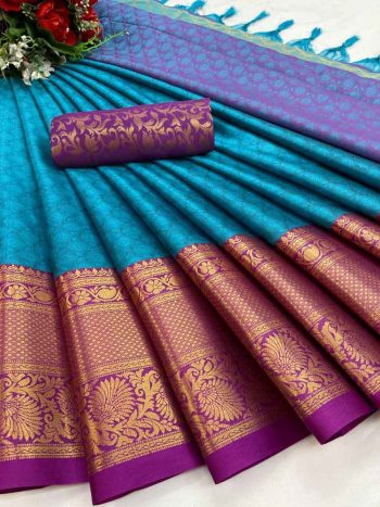 SPECIAL OCCASION AURA COTTON SILK SAREE WITH BEAUTIFUL COLOR COLLECTION  SKY
