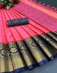 WEDDING PURPOSE PURE AURA COTTON SILK WITH BROAD CONTRAST JACQUARD BORDER WORK SAREE+UNSTITCHED BLOUSE  PINK