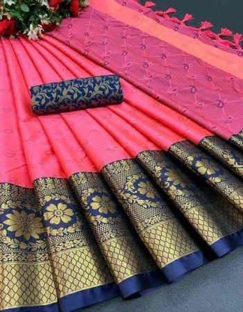 WEDDING PURPOSE PURE AURA COTTON SILK WITH BROAD CONTRAST JACQUARD BORDER WORK SAREE+UNSTITCHED BLOUSE  PINK