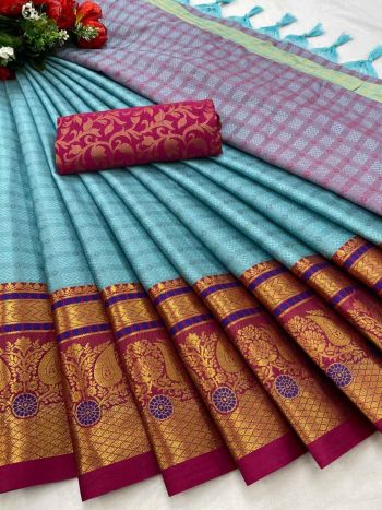PURE AURA COTTON SILK WITH BROAD CONTRAST JACQUARD BORDER WORK SAREE+UNSTITCHED BLOUSE  SKY BLUE