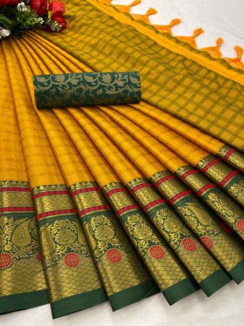 PURE AURA COTTON SILK WITH BROAD CONTRAST JACQUARD BORDER WORK SAREE+UNSTITCHED BLOUSE MUSTARD