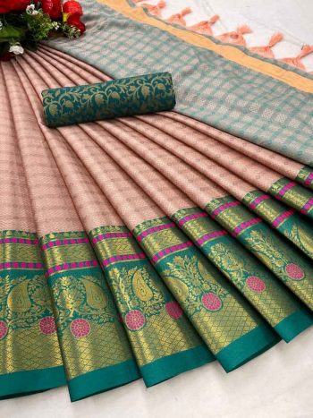 PURE AURA COTTON SILK WITH BROAD CONTRAST JACQUARD BORDER WORK SAREE+UNSTITCHED BLOUSE  CREAM