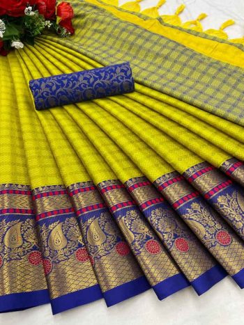 PURE AURA COTTON SILK WITH BROAD CONTRAST JACQUARD BORDER WORK SAREE+UNSTITCHED BLOUSE  LEMON