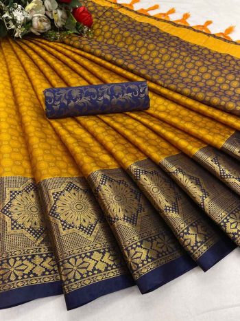 CASUAL WEAR BORDER AURA COTTON SILK SAREES WITH UNSTITCHED BLOUSE  MUSTARD