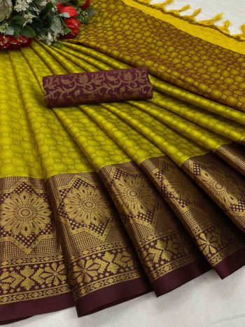 CASUAL WEAR BORDER AURA COTTON SILK SAREES WITH UNSTITCHED BLOUSE  LEMON