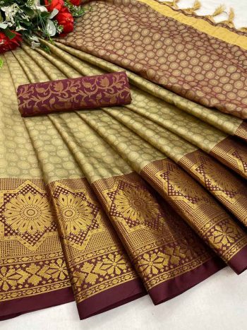 CASUAL WEAR BORDER AURA COTTON SILK SAREES WITH UNSTITCHED BLOUSE  CHICKOO