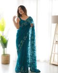 DESIGNER BUTTERFLY NET THREAD EMBROIDERY REAL MIRROR WORK SAREE WITH UNSTITCHED BLOUSE TEAL