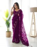 DESIGNER BUTTERFLY NET THREAD EMBROIDERY REAL MIRROR WORK SAREE WITH UNSTITCHED BLOUSE WINE