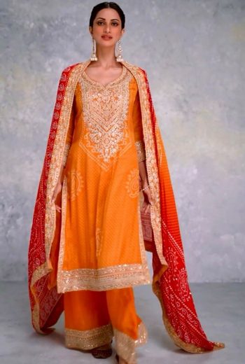 DESIGNER CHINON DIGITAL PRINTED EMBROIDERY WORK TOP PALAZZO WITH DUPATTA ORANGE