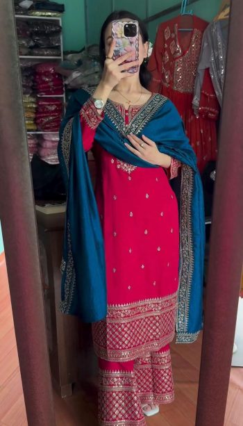 DESIGNER CHINON EMBROIDERY SEQUENCE WORK TOP PALAZZO WITH DUPATTA RANI