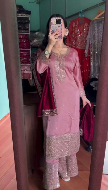 DESIGNER CHINON EMBROIDERY SEQUENCE WORK TOP PALAZZO WITH DUPATTA PINK