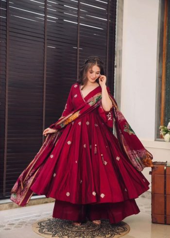 DESIGNER CHINON EMBROIDERY WORK GOWN PALAZZO WITH DUPATTA MAROON