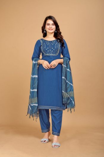 DESIGNER COTTON EMBROIDERY WORK TOP BOTTOM WITH DUPATTA BLUE