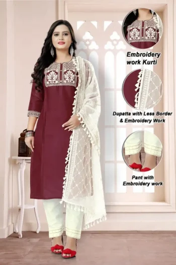 DESIGNER COTTON EMBROIDERY WORK TOP PANT WITH DUPATTA MAROON