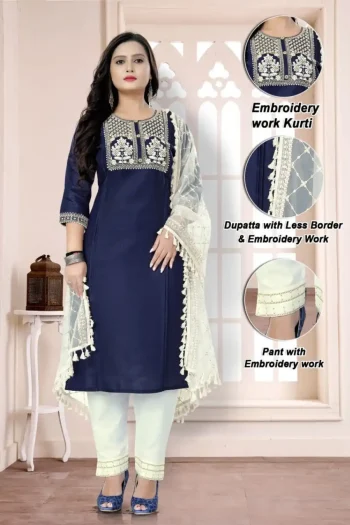 DESIGNER COTTON EMBROIDERY WORK TOP PANT WITH DUPATTA NAVY BLUE