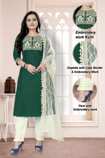 DESIGNER COTTON EMBROIDERY WORK TOP PANT WITH DUPATTA GREEN