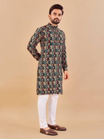 DESIGNER COTTON FOIL PRINT WORK MENS KURTA PAJAMA GREEN