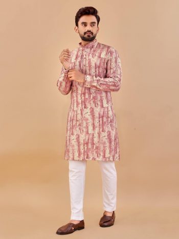 DESIGNER COTTON FOIL PRINT WORK MENS KURTA PAJAMA PINK