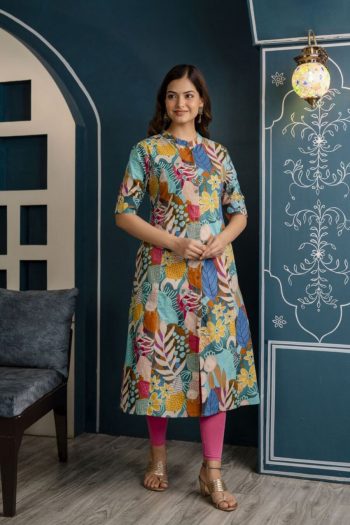DESIGNER COTTON PRINT WORK ONLY KURTI SKY