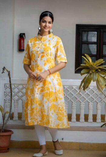 DESIGNER COTTON PRINT WORK ONLY KURTI YELLOW