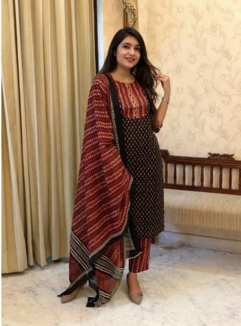 DESIGNER COTTON PRINT WORK TOP BOTTOM WITH DUPATTA BLACK
