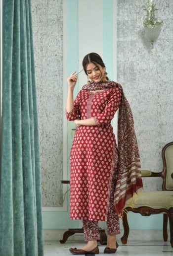DESIGNER COTTON PRINT WORK TOP BOTTOM WITH DUPATTA MAROON