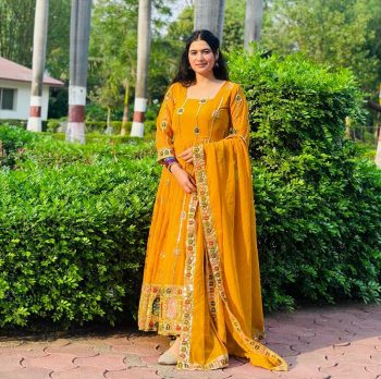DESIGNER GEORGETTE EMBROIDERY AND SEQUENCE WORK GOWN PANT WITH DUPATTA  YELLOW