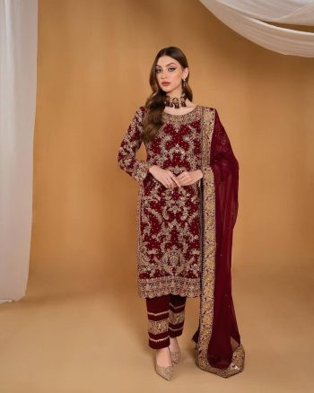 DESIGNER GEORGETTE EMBROIDERY AND STONE HAND WORK TOP PANT WITH DUPATTA  MAROON