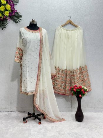 DESIGNER GEORGETTE EMBROIDERY SEQUENCE WORK TOP PALAZZO WITH DUPATTA WHITE