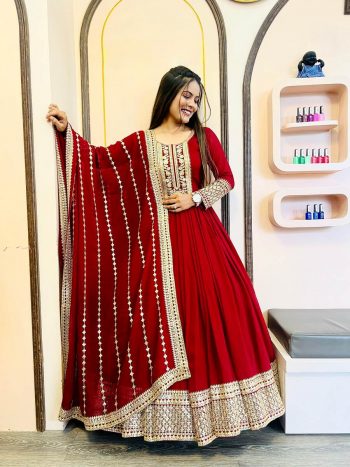 DESIGNER GEORGETTE EMBROIDERY WITH SEQUENCE WORK GOWN PANT WITH DUPATTA RED