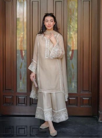 DESIGNER GEORGETTE GPO LACE WORK TOP PALAZZO WITH DUPATTA CREAM