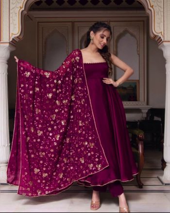 DESIGNER GEORGETTE PLAIN GOWN BOTTOM WITH EMBROIDERY SEQUENCE WORK DUPATTA WINE
