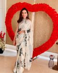 DESIGNER GEORGETTE PRINTED PEARL LACE WORK SAREE WITH UNSTITCHED BLOUSE WHITE