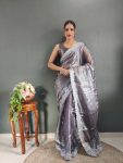 DESIGNER KIMMY CHOO EMBROIDERY SEQUENCE WORK READY TO WEAR SAREE WITH UNSTITCHED BLOUSE GREY