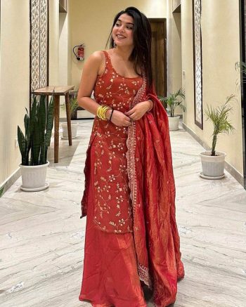 DESIGNER JIMMY CHOO EMBROIDERY SEQUENCE WORK TOP PALAZZO WITH DUPATTA  RED