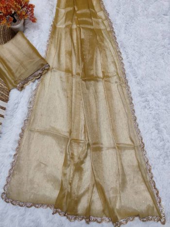 DESIGNER JIMMY CHOO SILK HEAVY STONE WORK SAREE WITH USNTITCHED BLOUSE YELLOW
