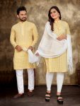 DESIGNER LINEN JACQUARD WORK COUPLE WEAR WHOLESALE PRICE ETHNIC GARMENT (1)