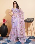 DESIGNER NET EMBROIDERY LACE WORK SAREE WITH UNSTITCHED BLOUSE LAVENDER