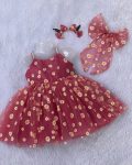 DESIGNER NET SUN FLOWER PRINT WORK KIDS FROCK WITH ATTACHED BOW PARTY WEAR WHOLESALE PRICE ETHNIC GARMENT (11)