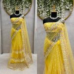 DESIGNER NET THREAD AND SEQUENCE WORK SAREE WITH UNSTITCHED BLOUSE PARTY WEAR WHOLESALE PRICE ETHNIC GARMENT 1 (5)