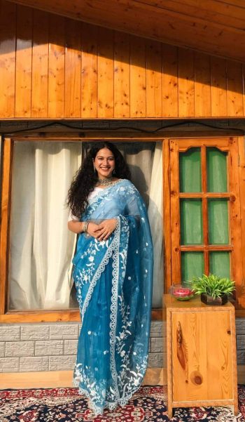 DESIGNER ORGANZA EMBROIDERY THREAD WORK SAREE WITH UNSTITCH BLOUSE BLUE