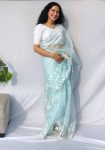 DESIGNER ORGANZA EMBROIDERY THREAD WORK SAREE WITH UNSTITCH BLOUSE SKY BLUE